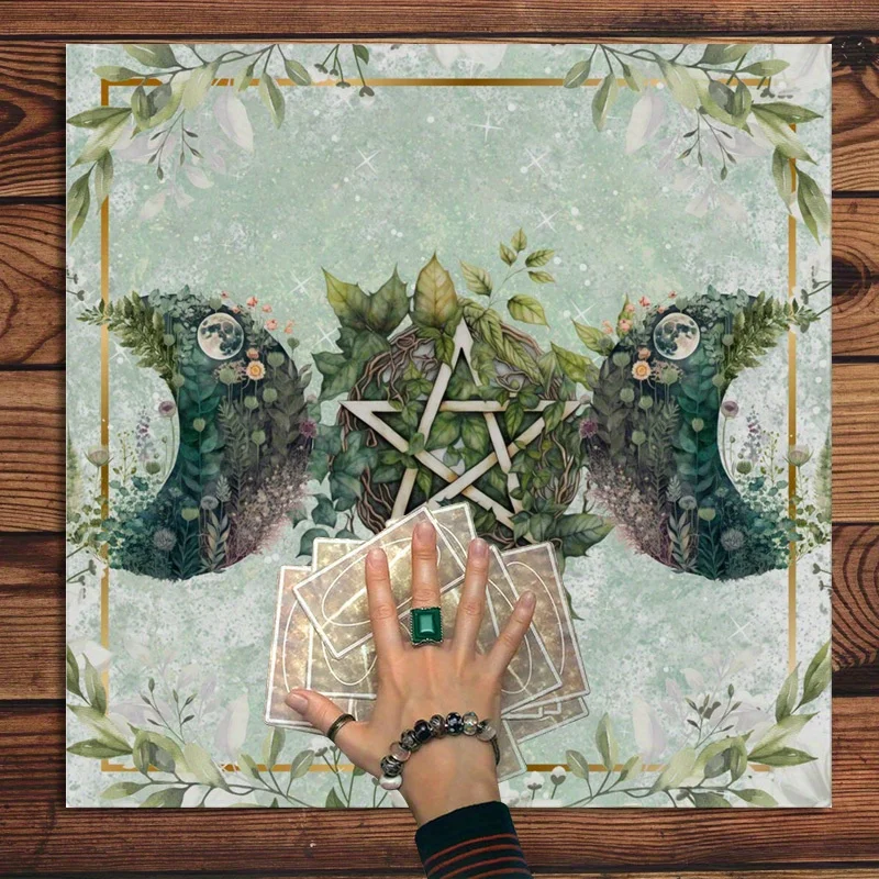 VIKAMA Tarot Mat - Green Leaf And Moon Pattern, Durable Altar Cloth, Used For Tarot Divines And Home Decoration