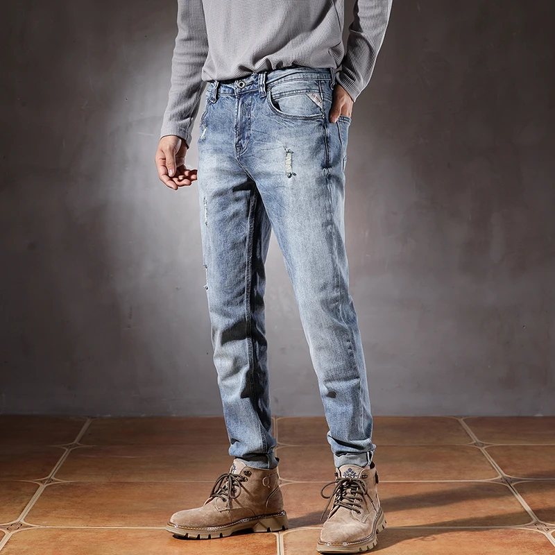 High quality blue distressed jeans men's straight leg pants versatile trendy brand pants streetwear men ripped skinny jeans men