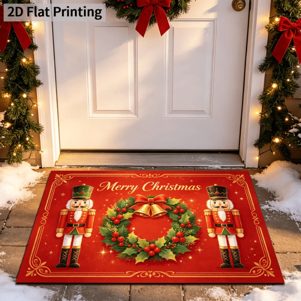 Nutcracker Soldier Area Rug Christmas Wreath Welcome Rug Golden Bell Doormat Floor Mat Living Room Bedside Cottage Floor Mat