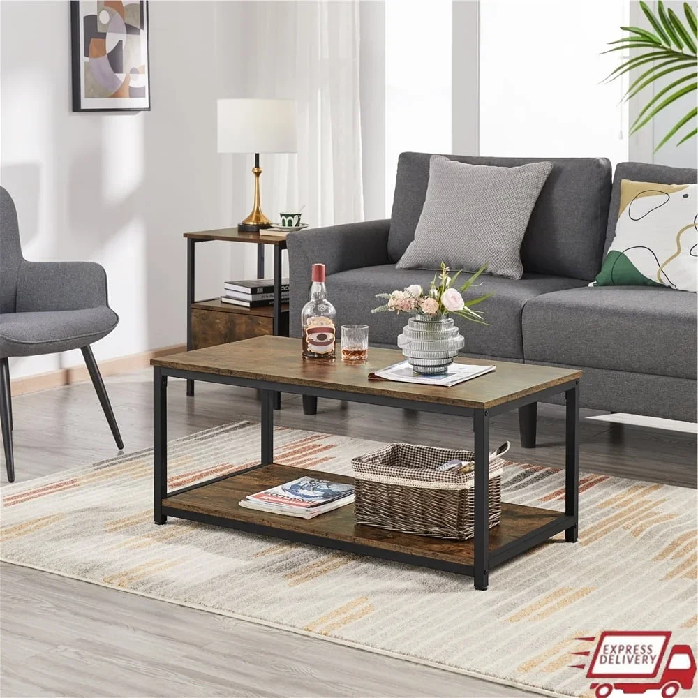 

Industrial Coffee Table with Storage Shelf Modern MDF Iron Console Table Living Room Study Kitchen Furniture Rustic Design