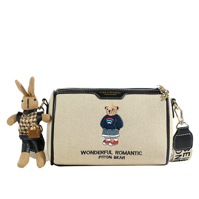 Borsa a tracolla in tela ricamata alla moda Borsa a tracolla casual da donna con texture e modello di orso dei cartoni animati