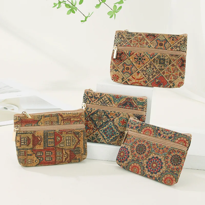 Retro Ethnic Style Cork Coin Purse Mini Wallet Double Layer Zipper Money Bag Card Holder Women Key Lipstick Organizer Pouch