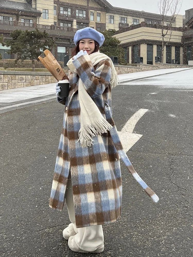 

Loose Fit Blue Plaid Color-block Woolen Coat Parkas New Long Sleeve Lapel Women Fashion Tide Autumn Winter