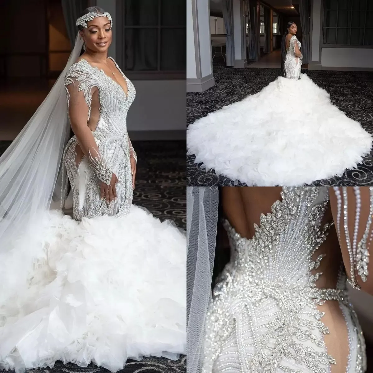 

Crystal Pearls Mermaid Wedding Dresses Bridal Gowns Long Sleeves V Neck Tiered Ruffles Chapel Train Robe De Soirée Mariage 2024