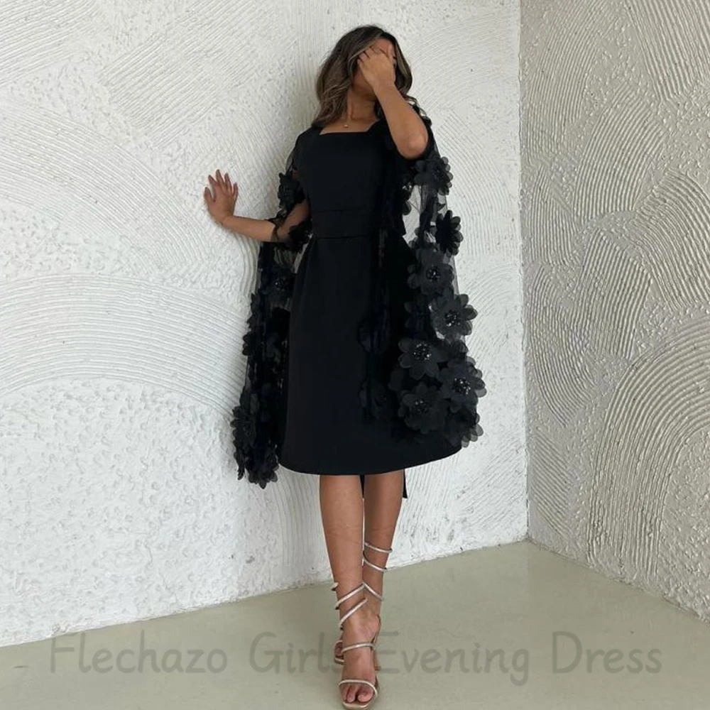 Flechazo abito da sera corto colletto quadrato nero Illusion Tulle maniche lunghe con fiori 3D a-line abiti da festa donna lunghezza tè