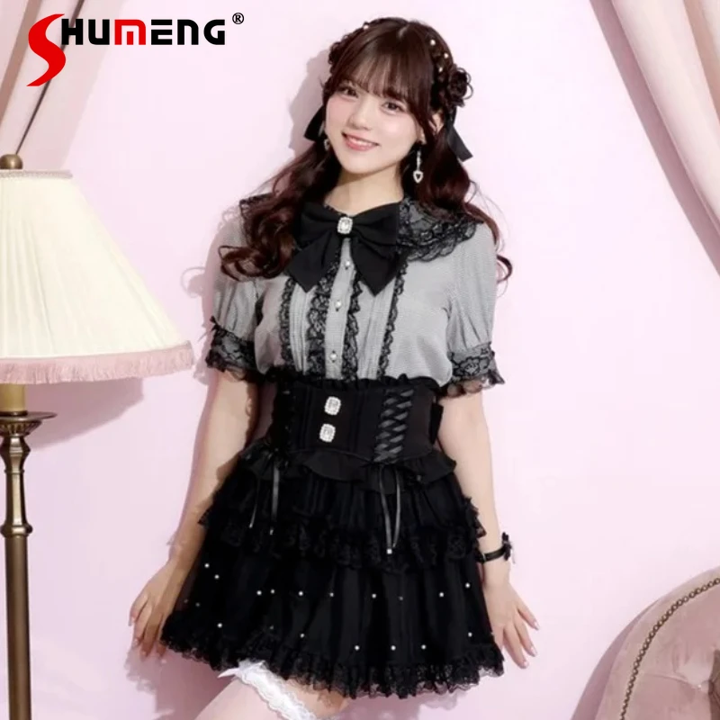 

Japanese Rojita Lace Doll Collar Top Blouse Lolita Multi Bows Lace Short Sleeves Single-breasted Shirt Kawaii Clothes Y2k Blusas