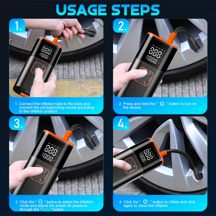 Pompa Ban Portabel Digital, Kompresor Udara Isi Ulang USB untuk Ban Mobil, Sepeda, Motor, Bola, Mainan Tiup