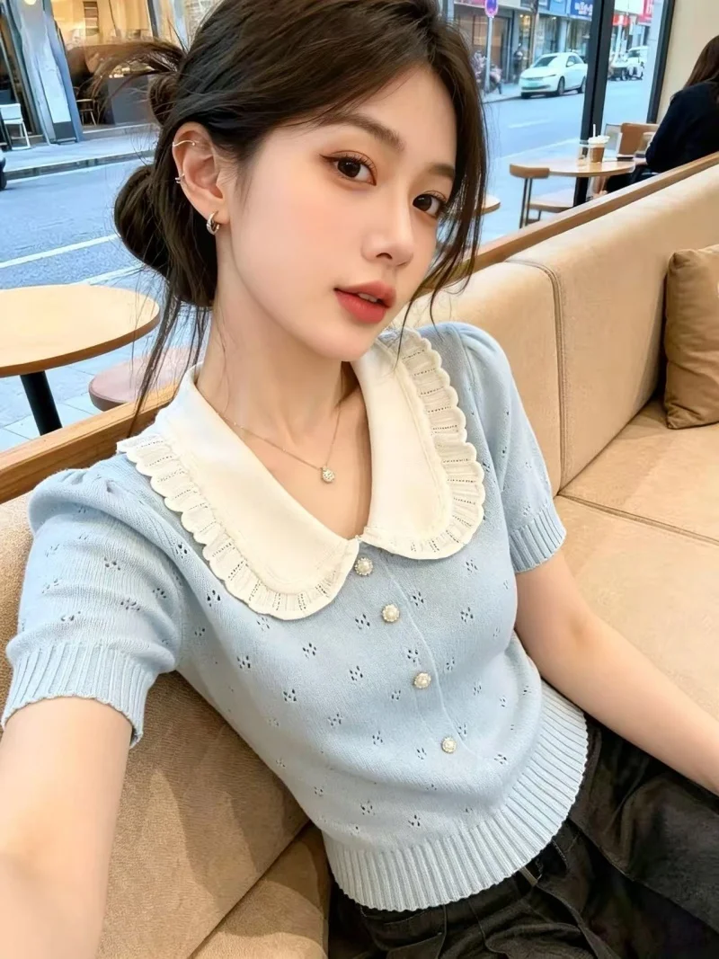 

Unique Hollow out Doll Collar Knitwear Women's Summer Slimming Top Sweet Style Self-Keeping Recommendation Korean Version Bub...