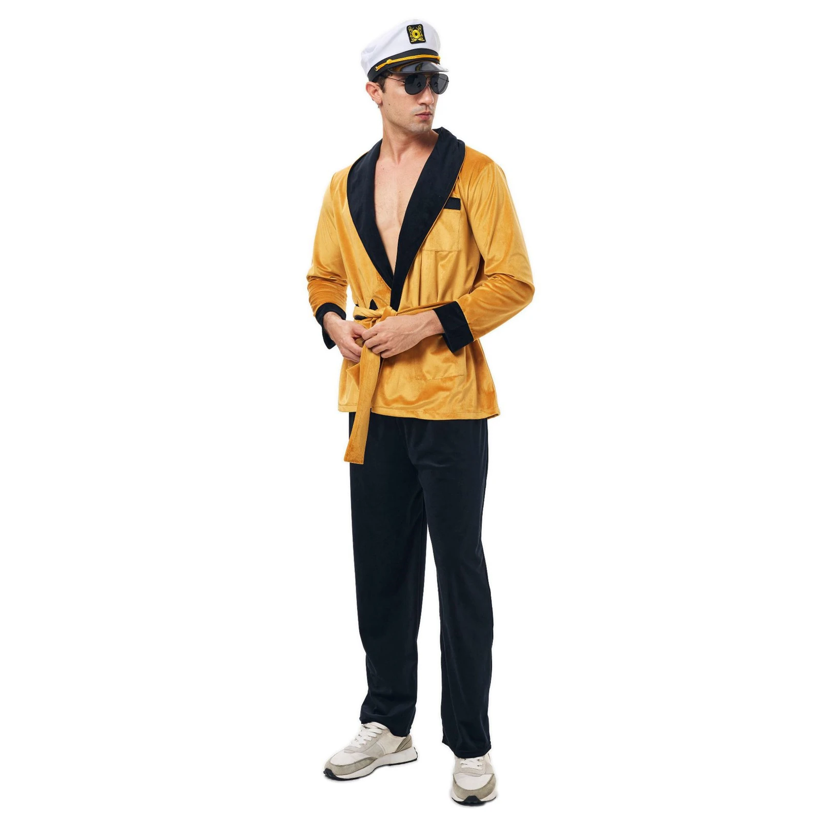 Men Flannel Red Nightgown Thickened Navy Home Suit Set with Captain Hat Glasses Halloween Costume Accessories for Adults - view 3