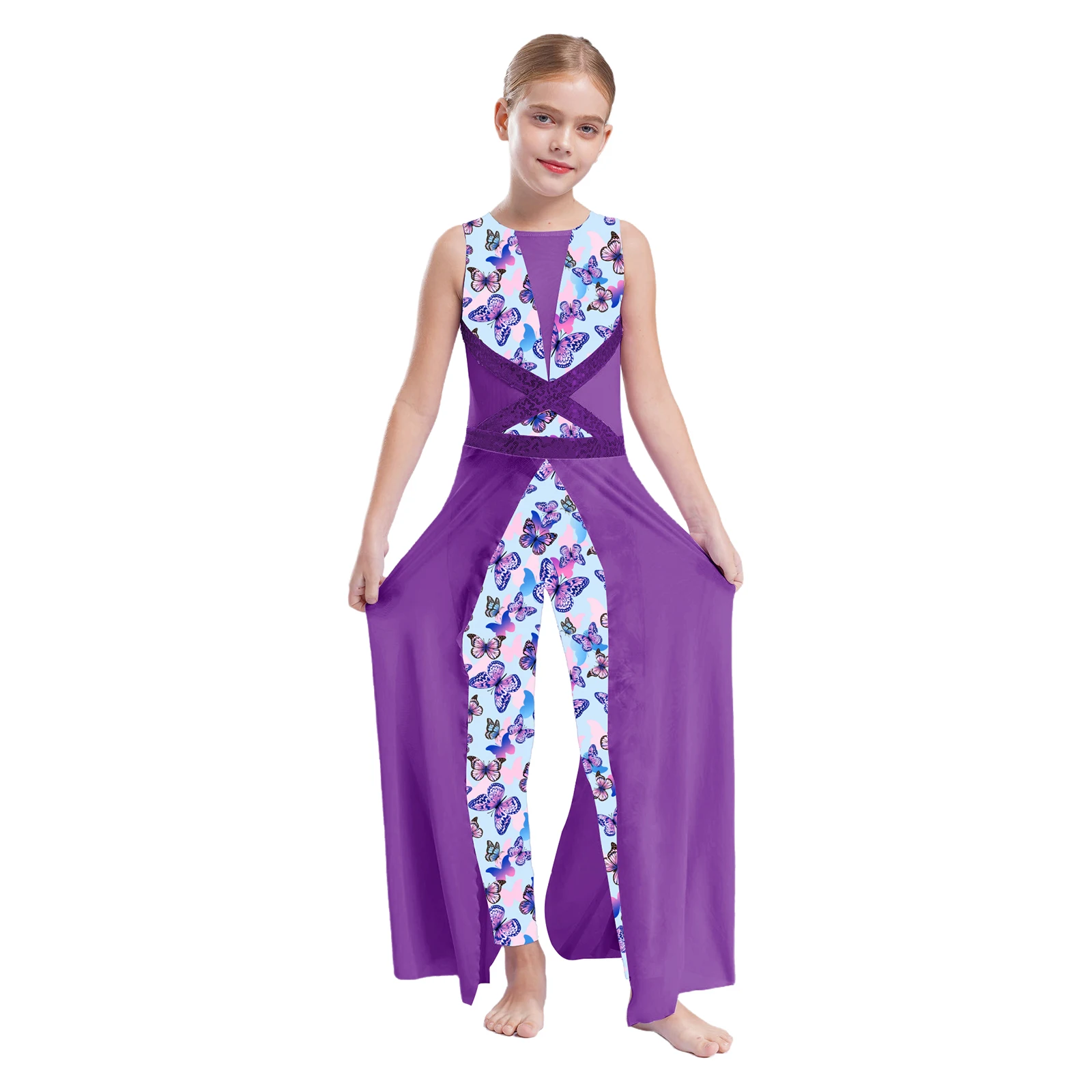 

Kids Girls Fashion Printed Modern Lyrical Dance Jumpsuit Sleeveless Split Skirted Bodysuit Ballet Leotard Performance Dancewear
