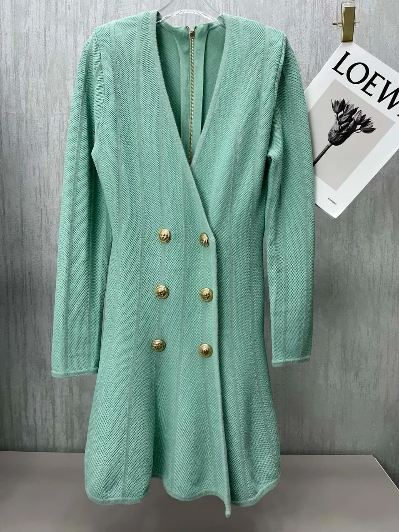 High Quality Woman Mint Green Black Long Sleeve Buttons V-neck Mini Knitted Slim Dresses