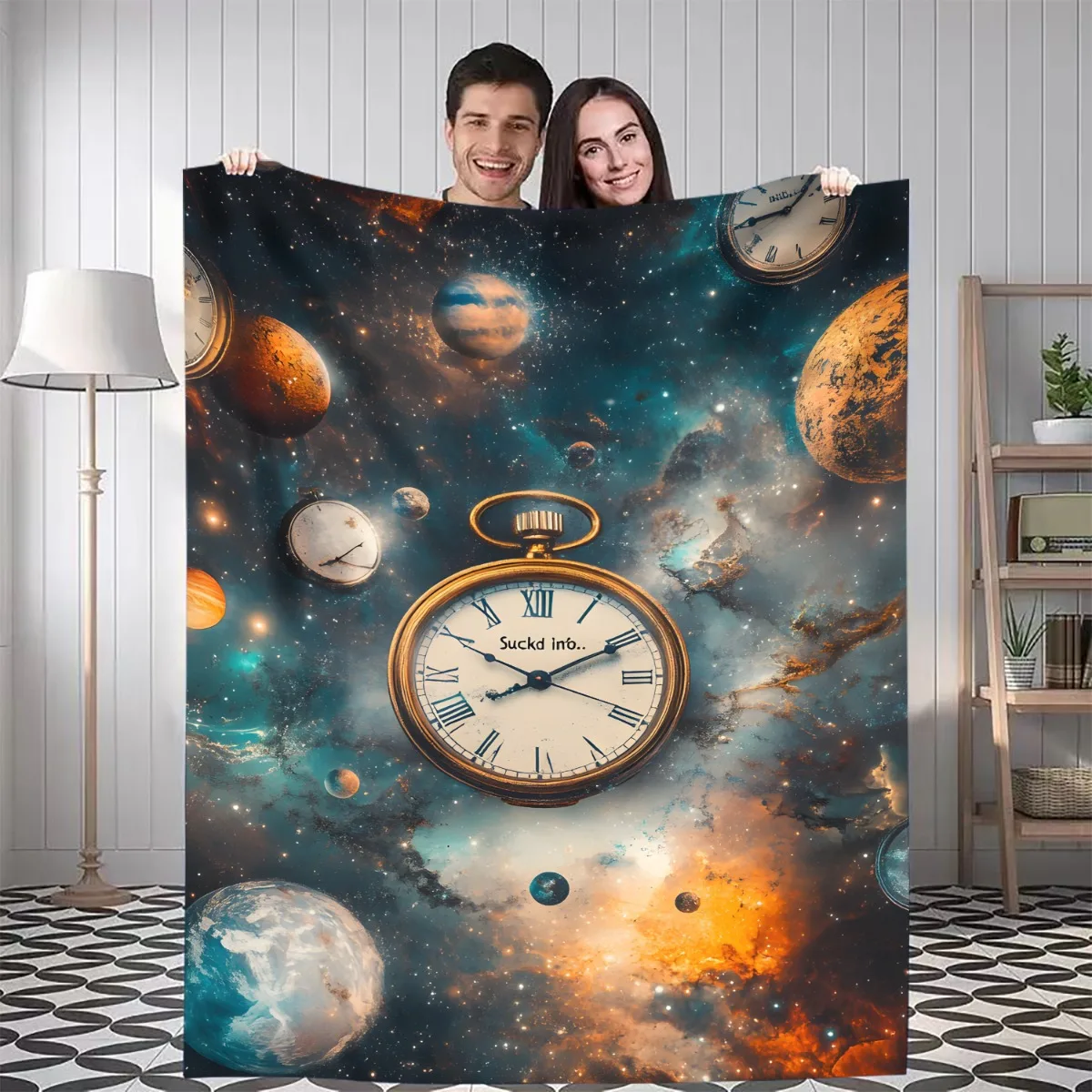 1pc Space-Themed Blanket with Vintage Pocket Watch & Planets Design - Soft, Warm Polyester Throw for Home, Bedroom, Dorm, Office