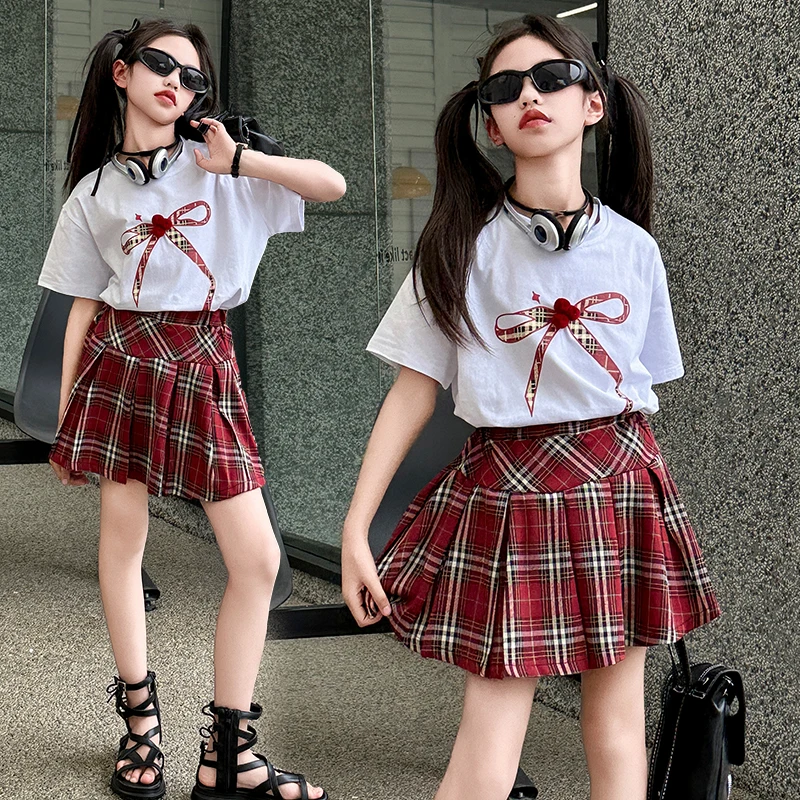 2024 summer junior kids girls skirt clothes sets cotton Color printed bow t-shirt+plaid skirt 2pcs teen kids suit child outfits