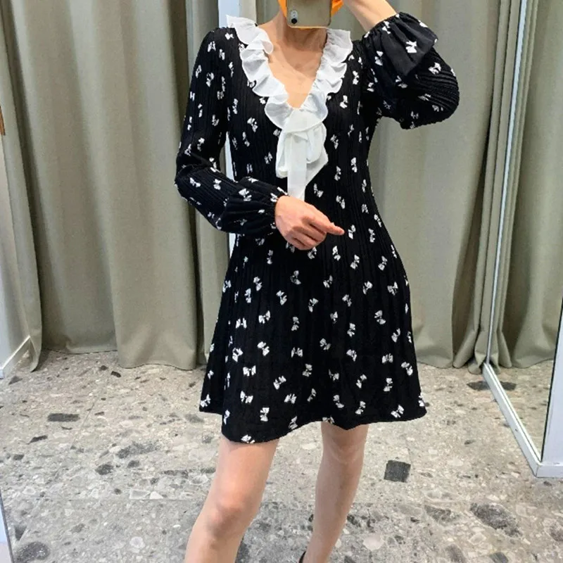 Women's Black Bowknot Dress Puff Sleeve V-neck Casual Lace-up Long Sleeve French Brand Elegant Party Dress