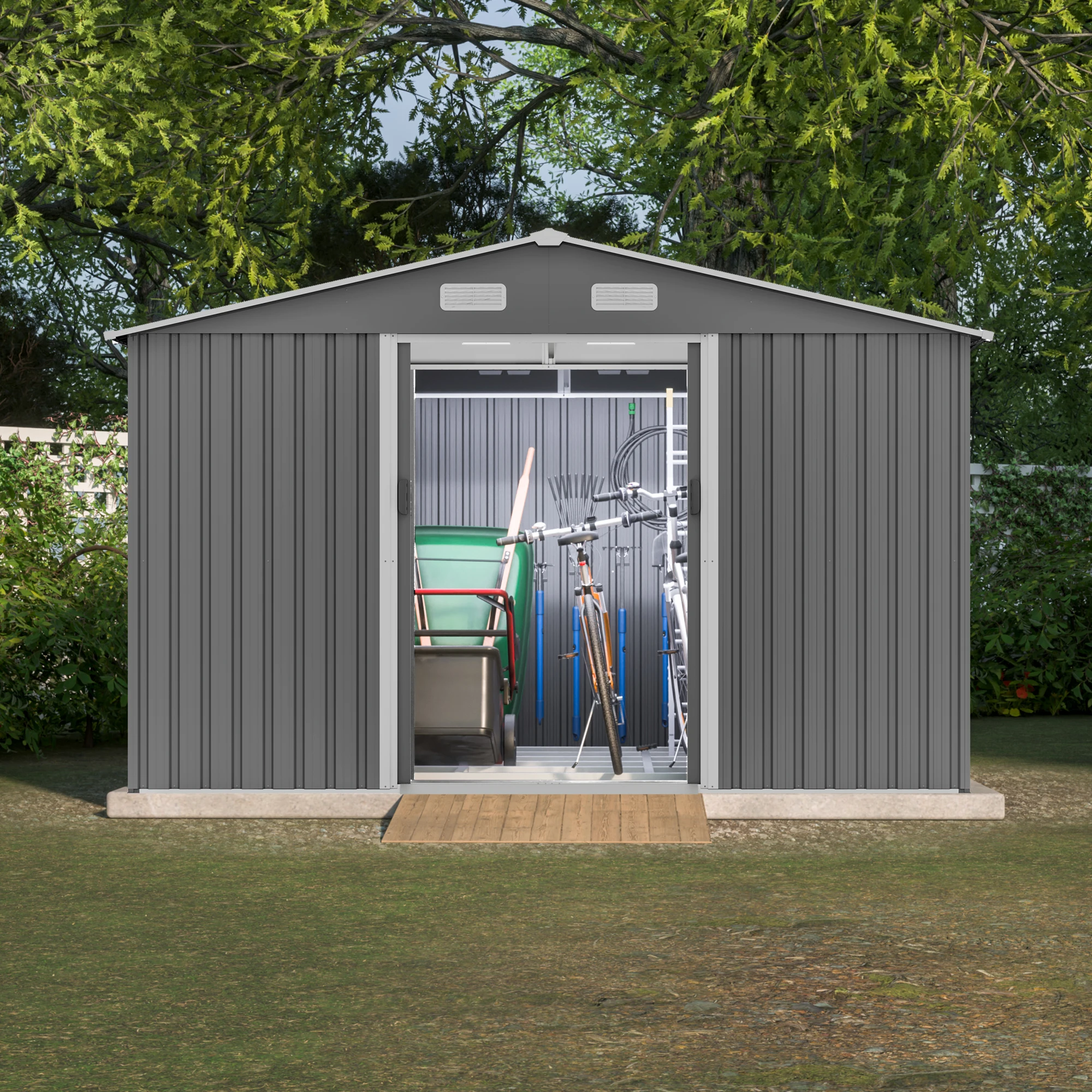 10X8 FT Tool Storage Shed with Metal Foundation Lockable Doors All Weather Metal Sheds for Garden Patio Backyard Lawn Gray