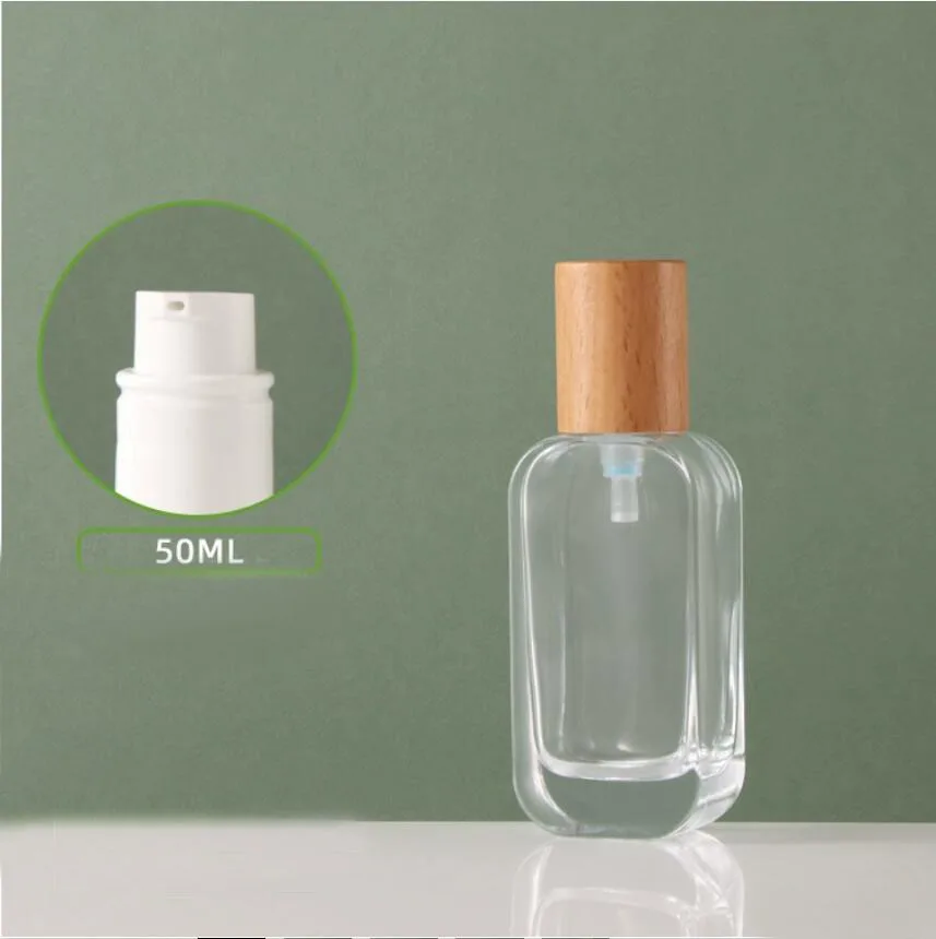 

50ml clear glass bottle wooden lid serum/lotion/emulsion/foundation/essence toilet toner water skin care cosmetic packing