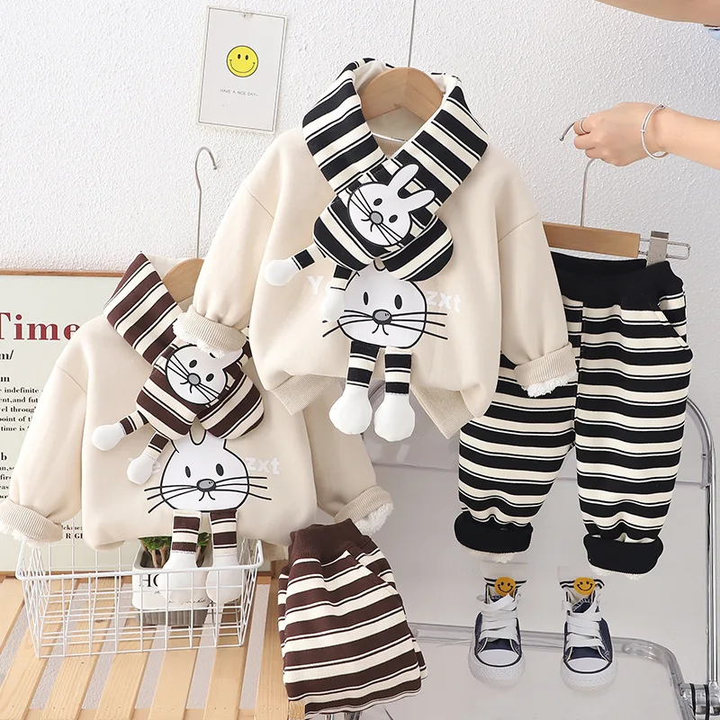 

Boys Thick Clothes Sets Winter Children Cotton Velvet Sweatshirts Coats Pants Scarf 3pcs Tracksuits For Baby Cute Suit Warm Kids