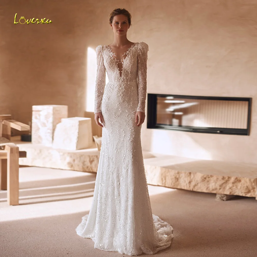 Loverxu Mermaid Sexy Wedding Dresses V-Neck Long SLeeve Vestido De Novia Embroidery Detachable Train Custom Made Bridal Gown