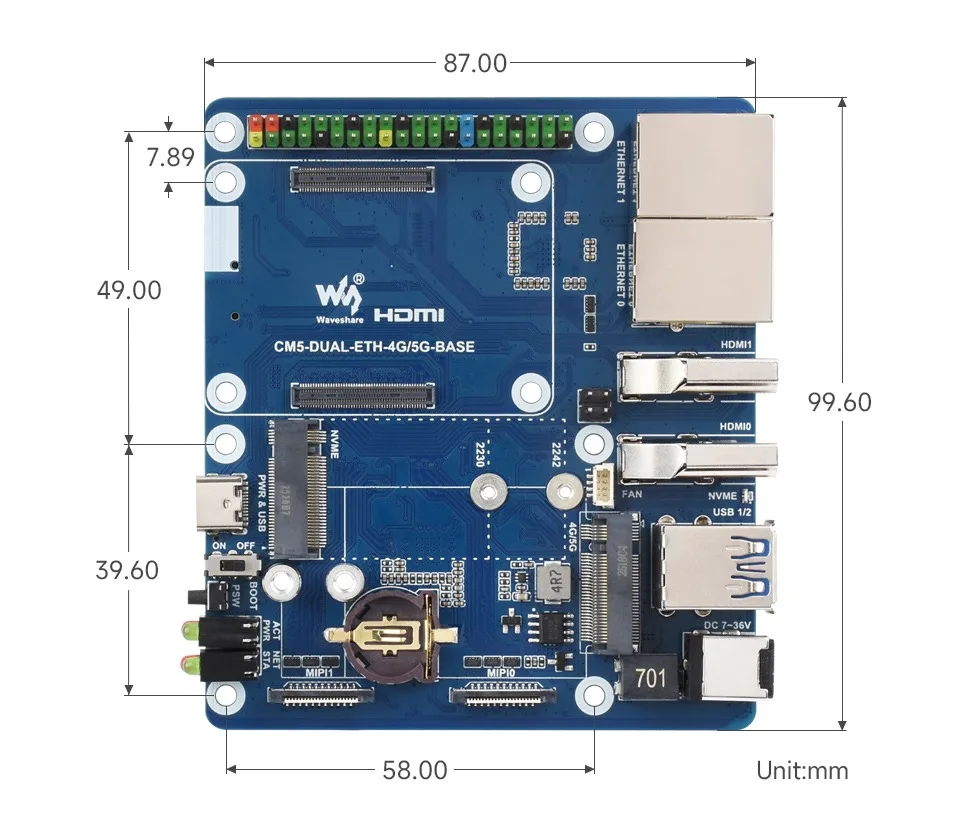 لوحة قاعدة إيثرنت مزدوجة لـ Raspberry Pi CM5، تدعم وحدة 4G / 5G