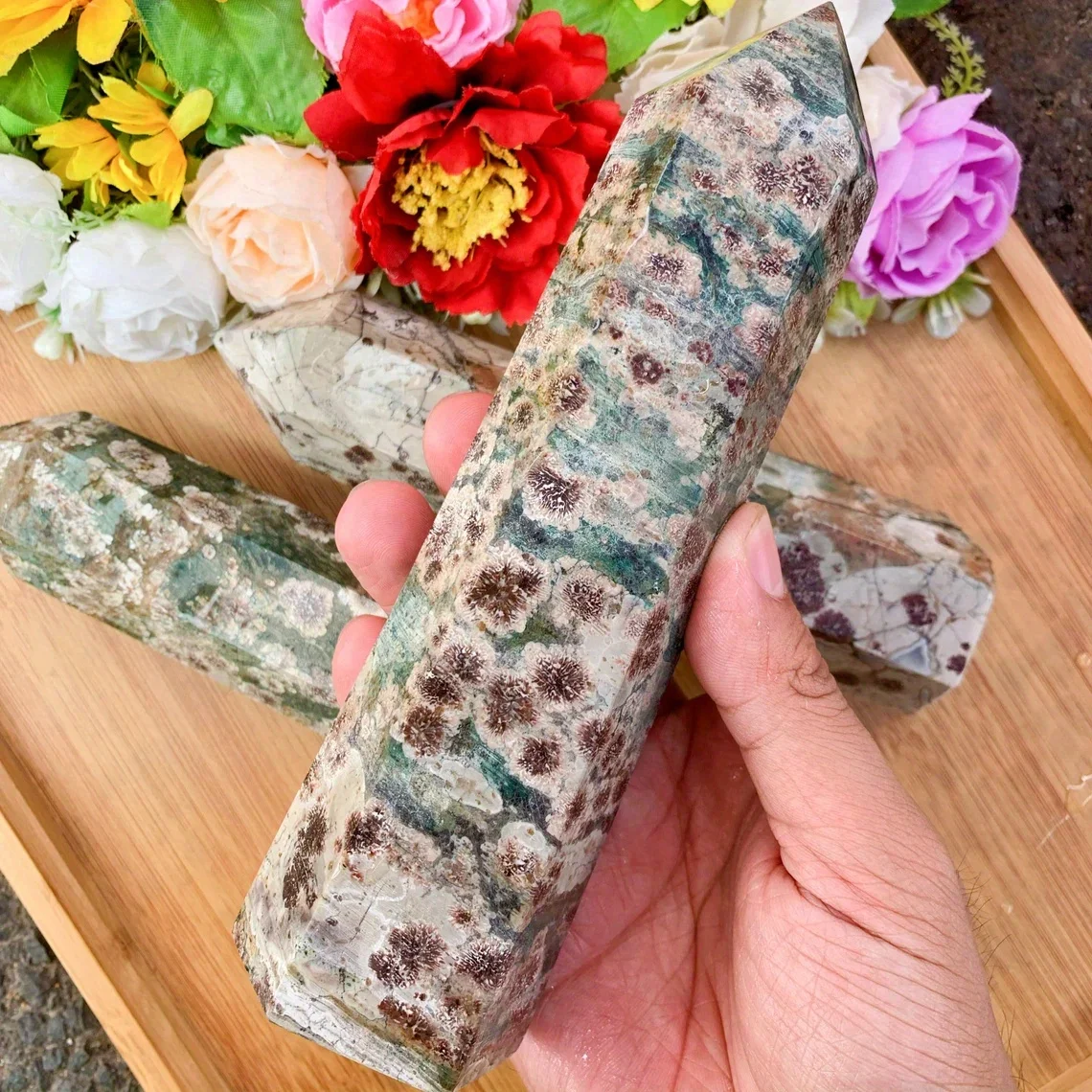 1pc Green Cherry Blossom Flower Agate Polished Crystal Tower ,Crystal Gifts for Parents, Crystal Crafts, Crystal Collection