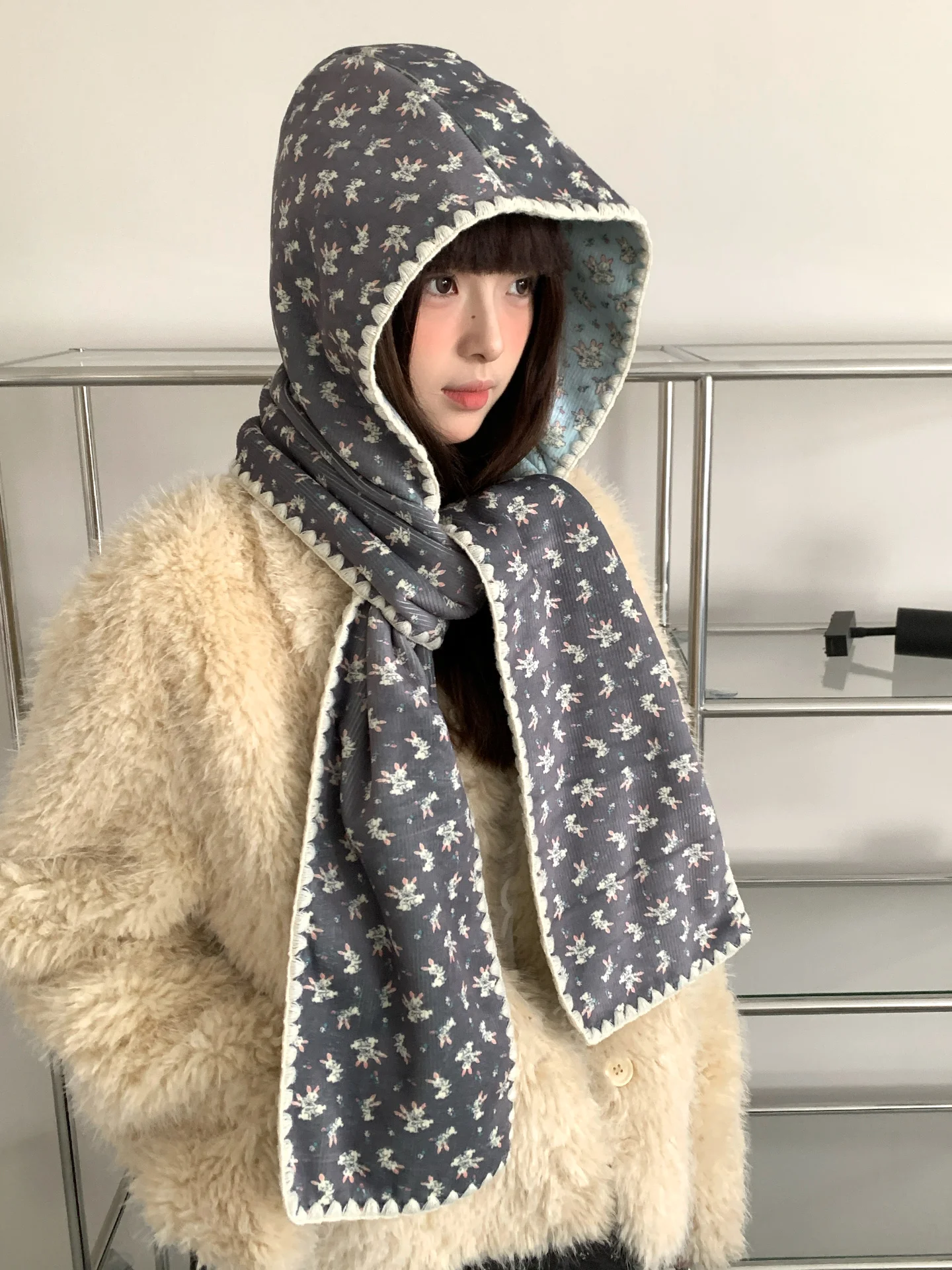 Double-Sided Cute Rabbit Hat With Scarf For Women Warm Hooded Earmuffs Scarf For Winter
