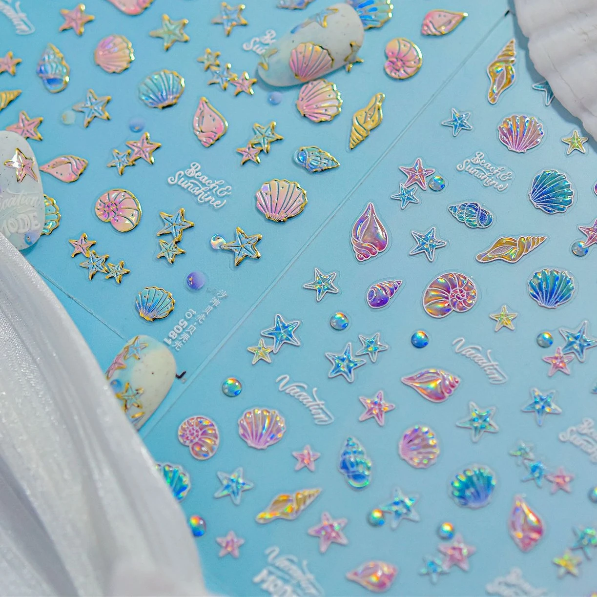 Concha marina colorida brillante, elementos del océano de estrella de mar, burbujas de agua, Concha de estrella, pegatinas subacuáticas para decoración de uñas, calcomanías para manicura