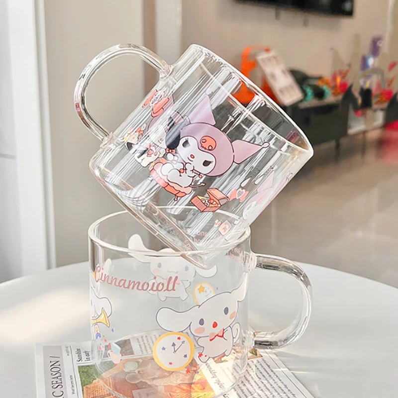 1pcs Sanrio Kawaii Pochacco Cup Kuromi My Melody Cinnamoroll Student Breakfast Milk Juice Coffee Glass Water Cup Handle Cup Gift