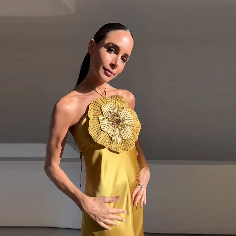 

Bigger 3d Flower Neck Strap Satin Long Dress For Women Sleeveless Backless Straight Leg Dresses 2025 New Summer Evening Party