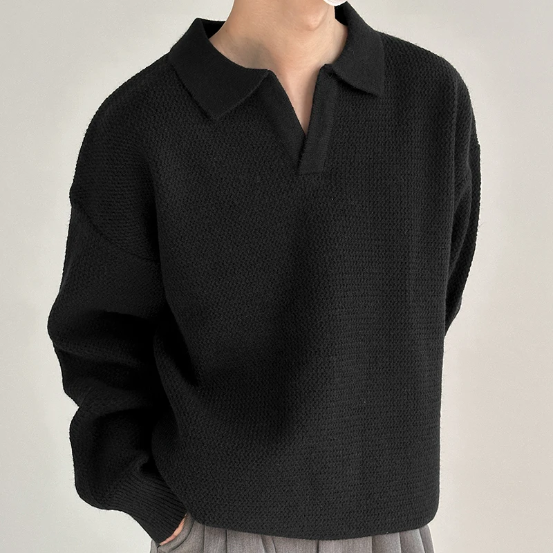 Herbst Winter Koreanischen Stil männer Revers Polo Shirts Pullover Pullover Vintage Lose Innere Layered V-ausschnitt Strickwaren Pullover Jumper – Detail 13