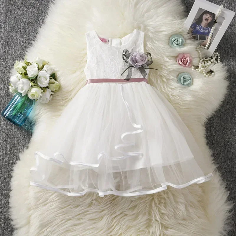 Autumn White Flower Baby Girls Princess Dress Weddings Birthday Party Tulle Vestido