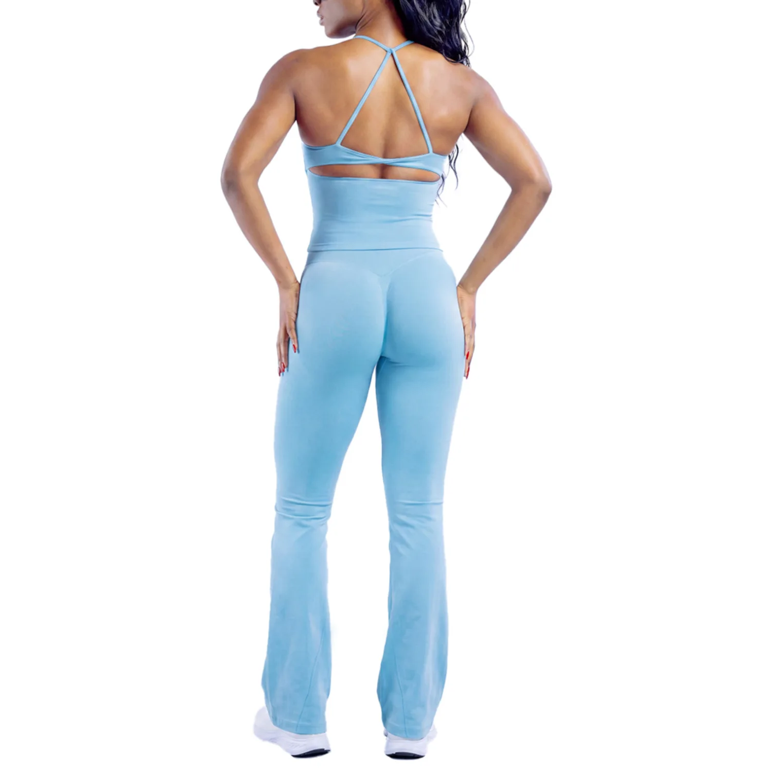Backless high-waisted pants with seamless design for outdoor sports. Women's running, fitness and yoga wear. Sports outfit