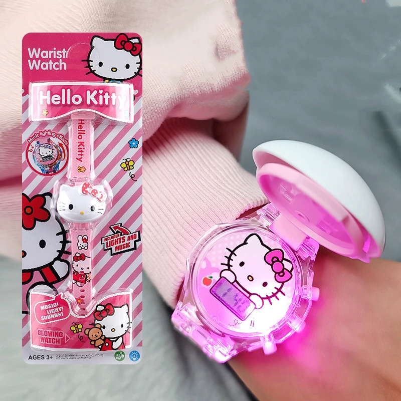 Sanrio Kuromi My Melody Kawaii Lighting Music Flip Watch Luminescent Electron Toys Creative Jewelry A Birthday Gift for Children