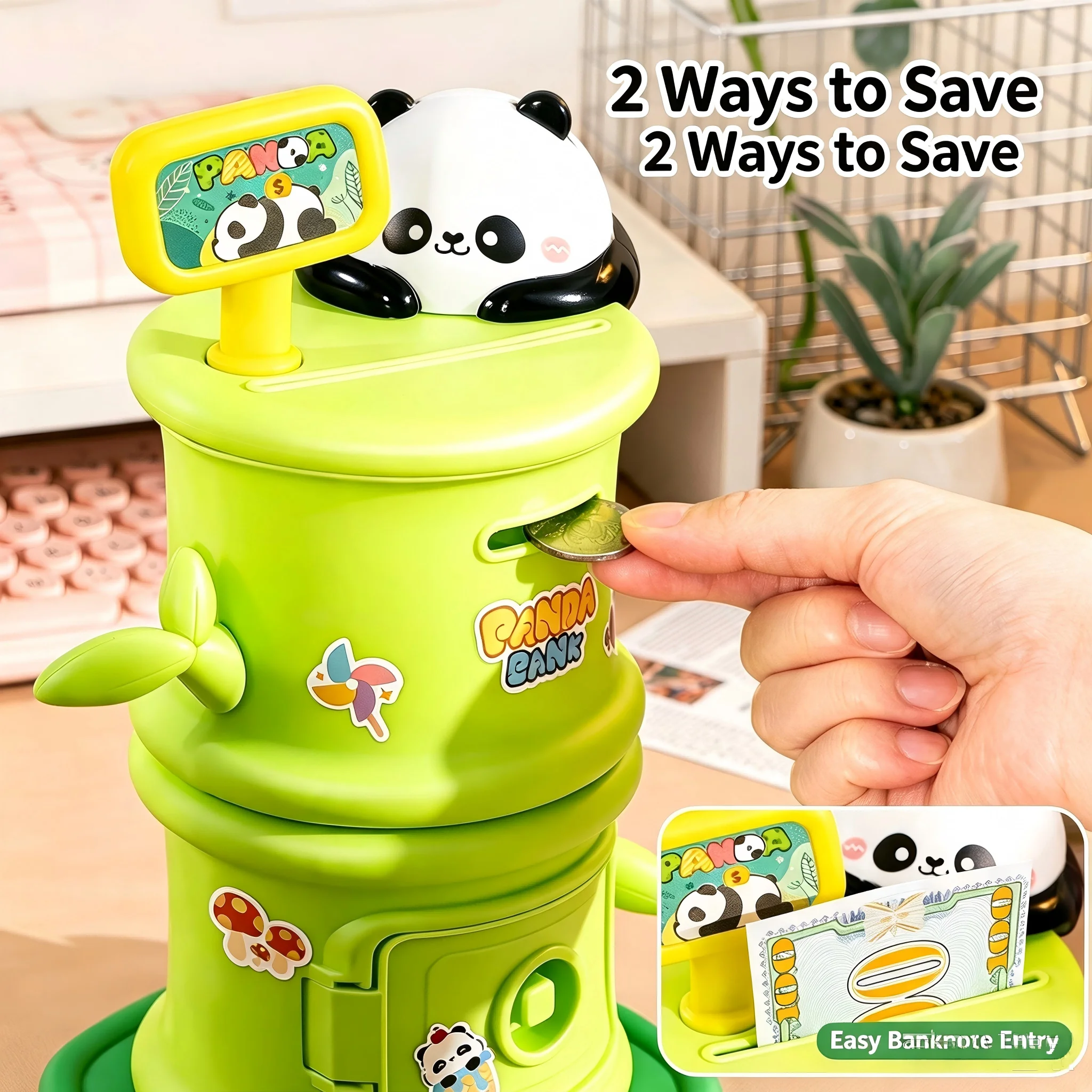 Cute Panda Bamboo Tube Piggy Bank Large Capacity Key Lock Money Saving Box Cartoon Desktop Ornament DIY Sticker Birthday Gift