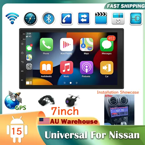2+64G 2DIN Universal for Nissan 7Inch Car Stereo Radio Player WiFi Bluetooth GPS Navigation Android 15 with Carplay/Android Auto for Qashqai 2007-2011 Frontier 2001-2011 Juke 2010-2011 SWC Split Screen