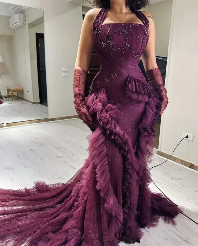 Traube Lila Lange Meerjungfrau Abendkleider Neckholder Spitze Perlen Geraffte Plissee Prom Party Kleid Pastrol Unis maßgeschneidert