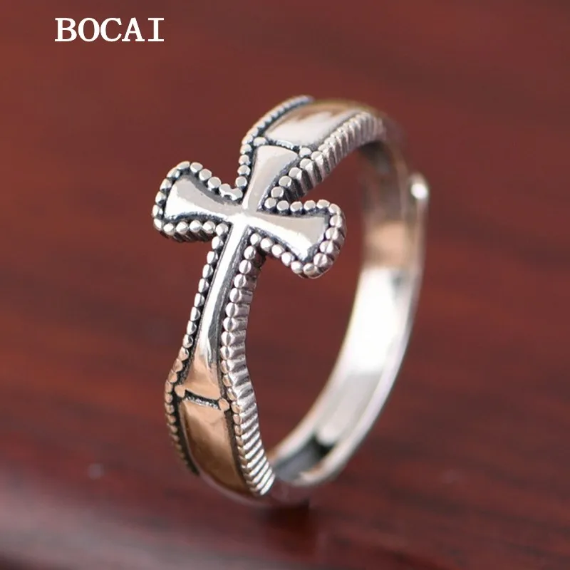 BOCAI New S925 Silver Ring Retro Simple Small and Artistic Cross Opening Ring Women's Style