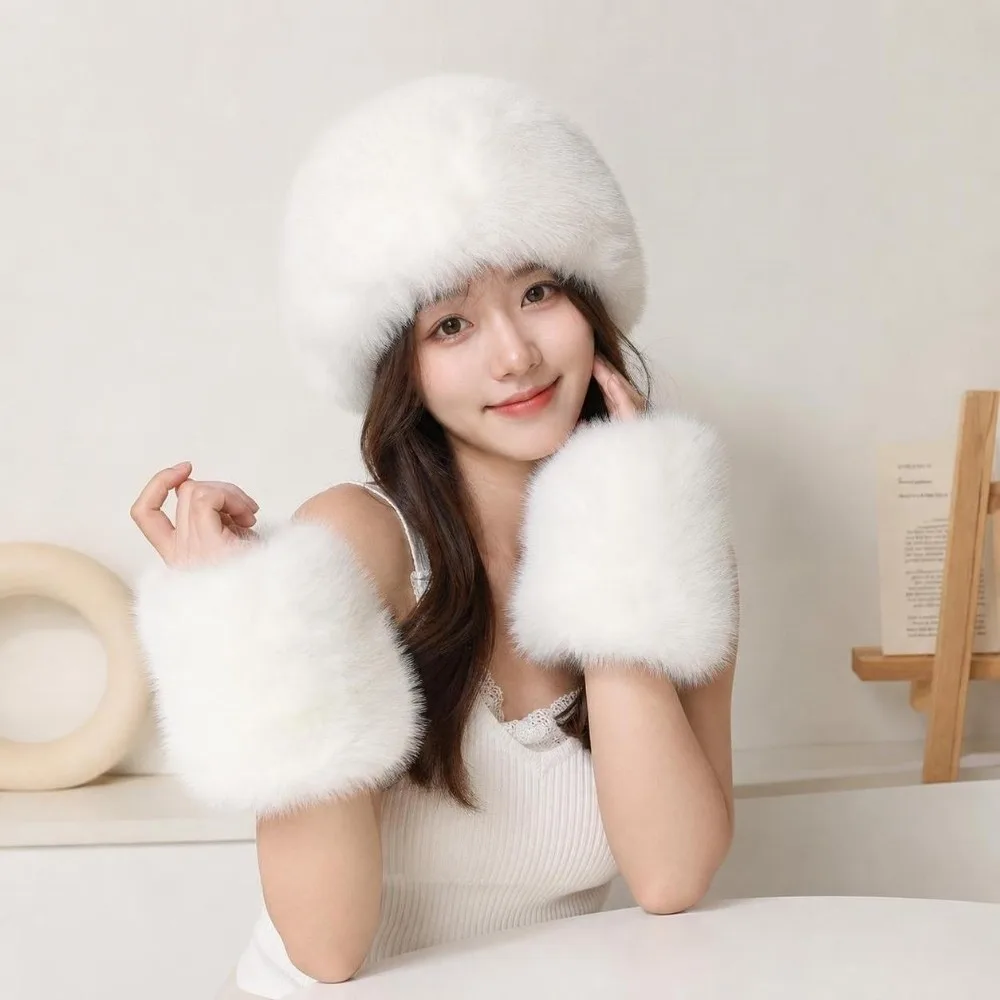 3Pcs/Set Elastic Wide Fur Cuffs Hat Windproof Soft Headwraps Empty Top Cap Wrist Sleeves Headband Wristband Set Spicy Girl