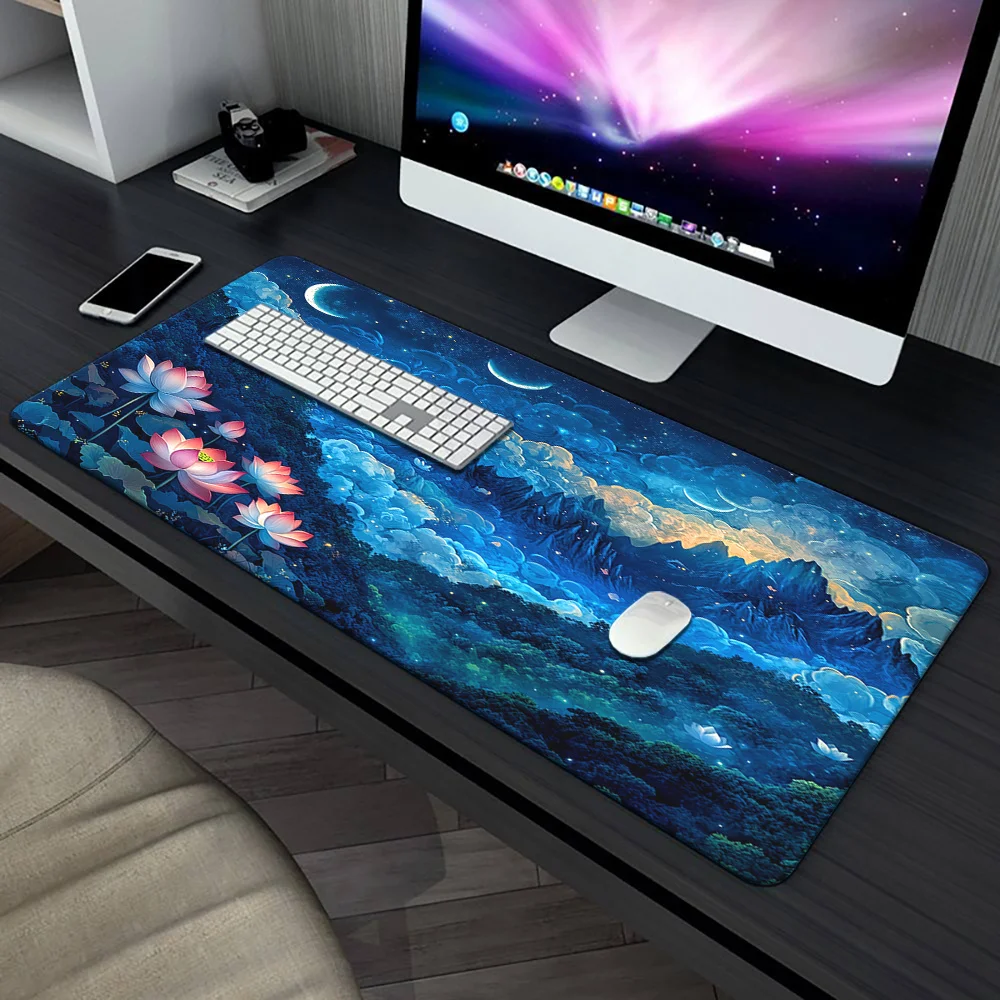 Night Lotus and Moon Scenery Mousepad, HD Printed Rubber Desk Mat, Multi-Functional Gaming Mousepad, Office Computer Pad