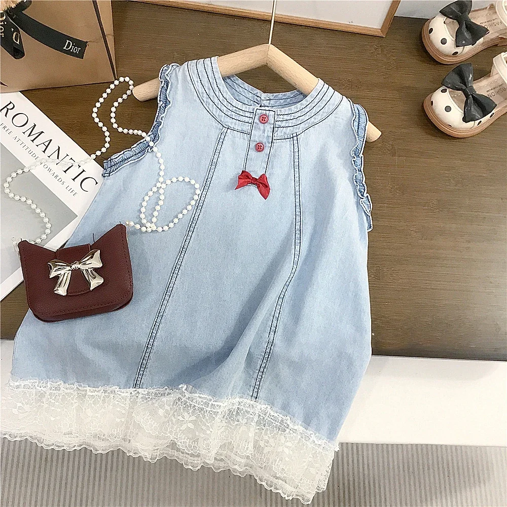 

Летнее джинсовое платье без рукавов для девочек, милое кружевное лоскутное платье трапециевидной формы с бантом, повседневные платья, детская одежда в корейском стиле, сарафан