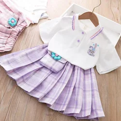 Japanese Embroidery Junior Uniform Girls 2PC Tshirt and Skirt Summer for Schoolchild Pleated Skirts and Tops Outfits Children