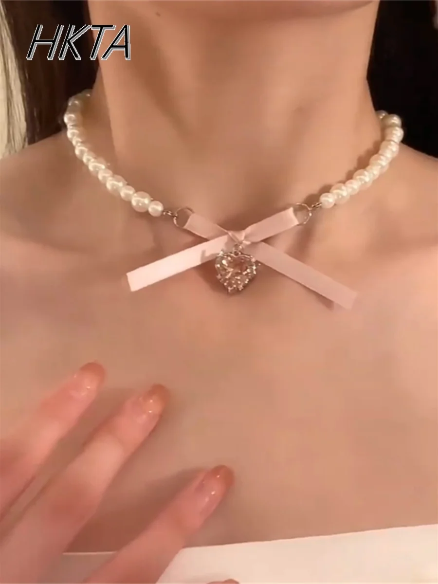 

Bow Pearl Love Sweet Necklace Women Female Niche Design Sense Light Luxury Versatile Clavicle Chain Student Girl Accessories