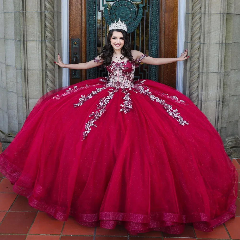 Princess Sparkling Red Quinceanera Dresses Ball Gown Lace Appliques Sweet 16 Birthday Vestidos De 15 Años Birthday Party Dress