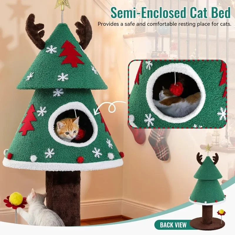 

47.2in Christmas Cat Tree for Indoor, Cat Tower Cute with Teaser Plaything, Climbing Furniture for Kittens to Play and Sleep