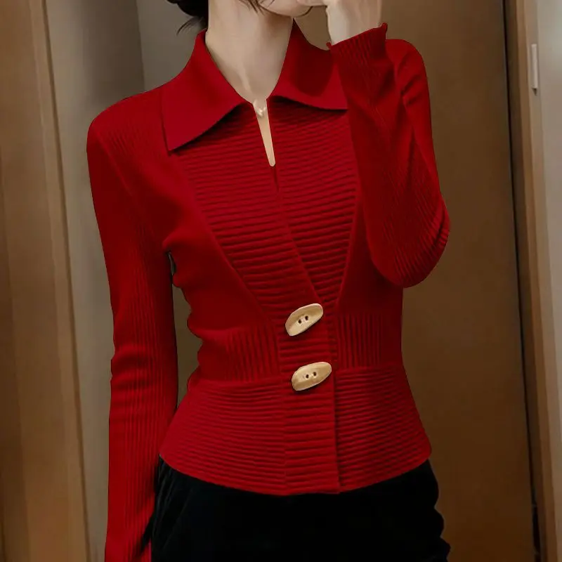 เสื้อสเวตเตอร์ผู้หญิงแบบสวม คอปก แขนยาว สีพื้น ทรงเข้ารูป ผ้าถัก สไตล์ลำลอง เสื้อถัก เสื้อผ้าผู้หญิง