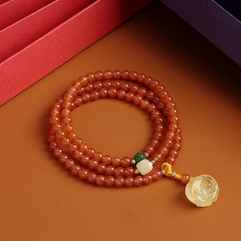 Natural South Red Agate Cherry Red Round Beads Multi-circle Beads with Beeswax Flower Pendant Women's Ethnic Style Bracelet Gift