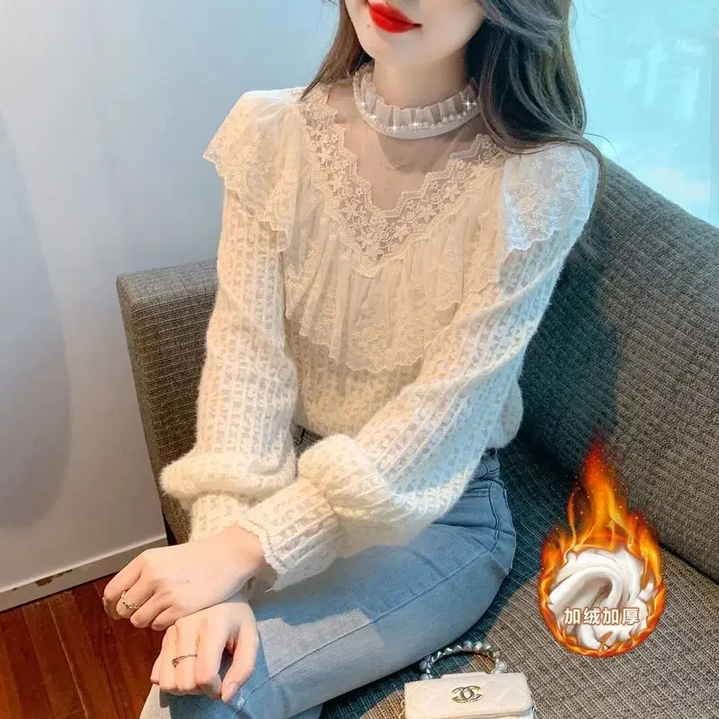 Lace Shirt with Women's Velvet New Style French Court Style Long Sleeved Stand Up Collar Ruffle Edge Temperament Fashionable