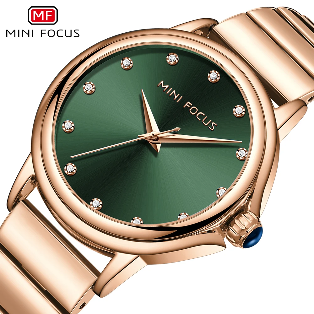 Mini Focus Vrouwen Quartz Horloge Met Groene Wijzerplaat Rose Goud Roestvrij Stalen Band Waterdicht Analoog Polshorloge Met Kristal 0493