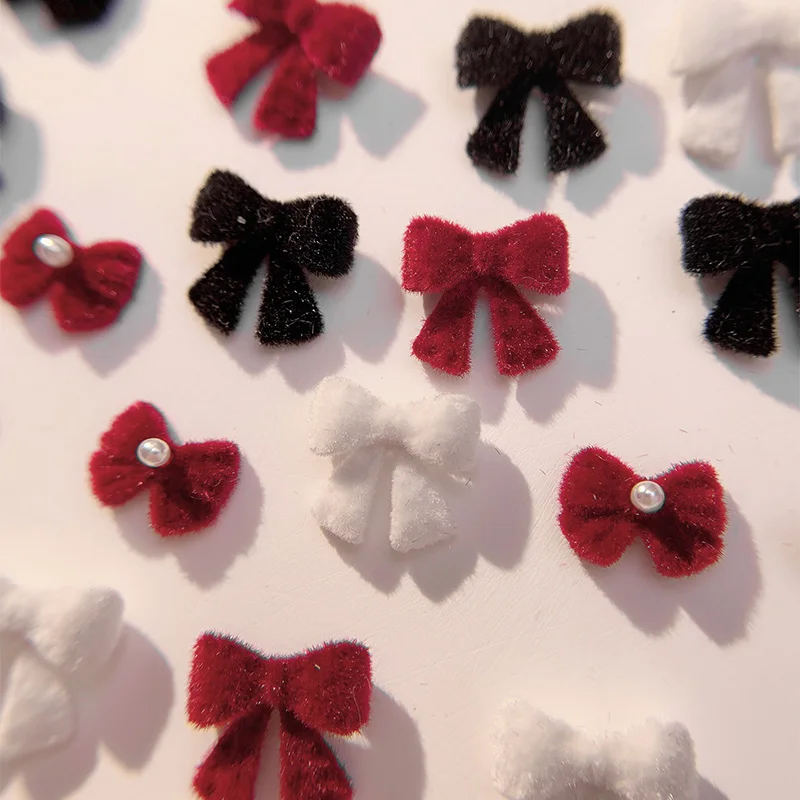 Red Plush Bow Tie Bowknot Ribbon Winter Nail Art Decorations DIY Manicure Accessories Sweet Luxury Decoration Black White