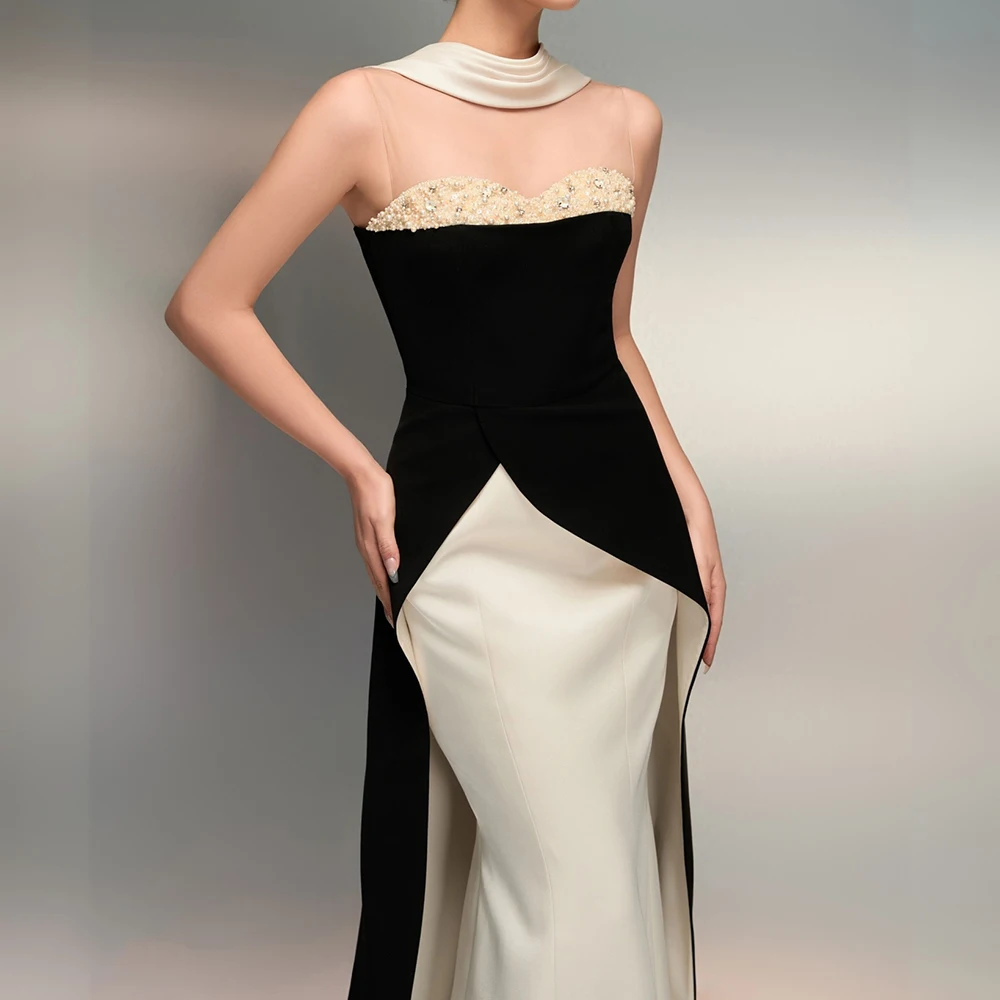 Robe de soirée de forme sirène, personnalisée, longueur au sol, col haut, sans manches, robe de bal, perles, cristal, drapée Simple, à la mode