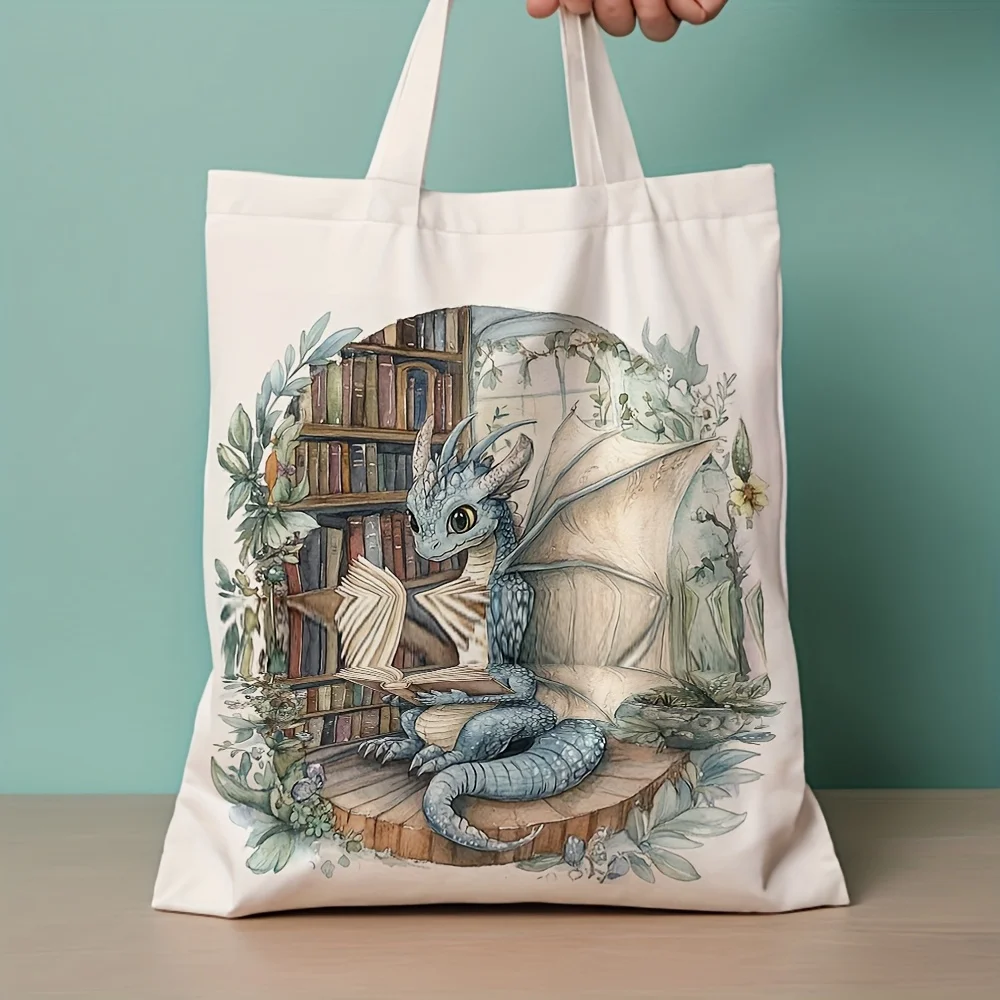 1pc, Fantasy Dragon Reading Canvas Tote Bag Reusable Grocery Bags (35.05cm x 40.13cm), Stylish Shoulder Bag for Commuting, Daily